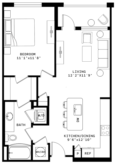 Floor plan for 1 bed, 1 bath, 715 sqft